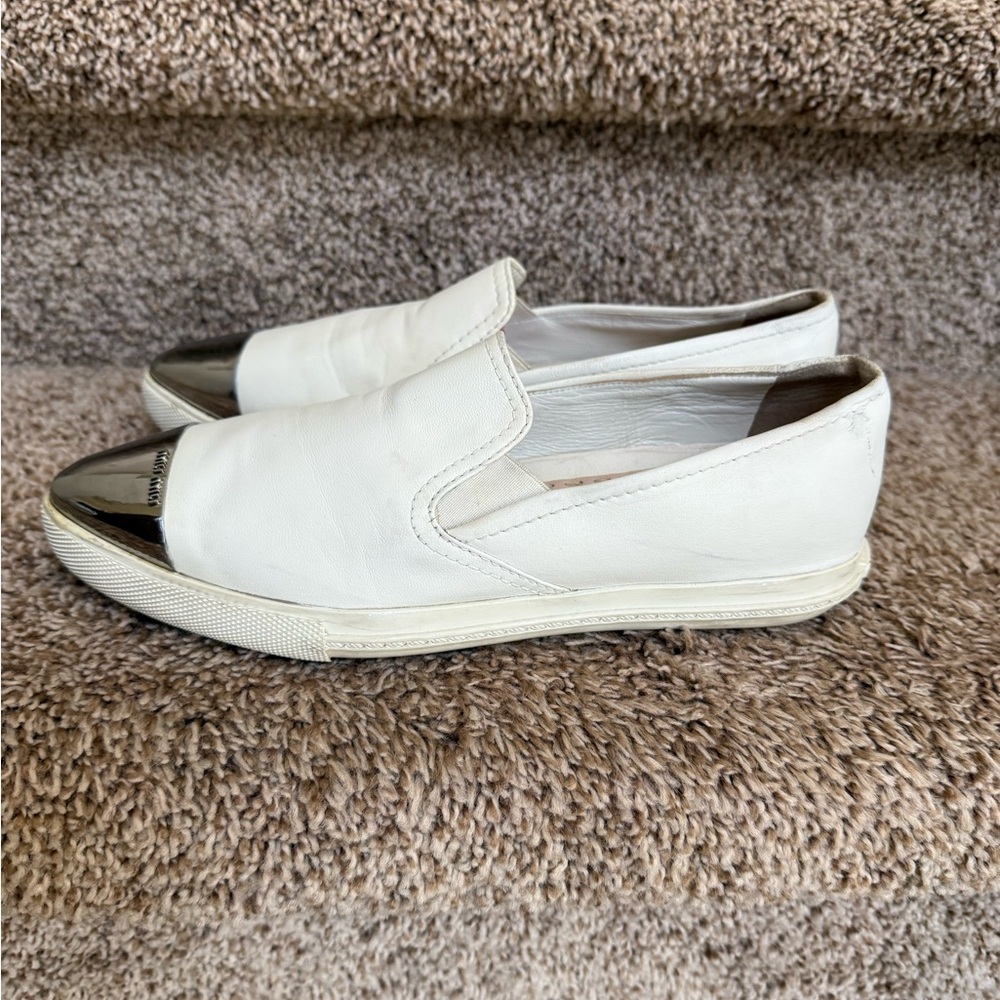 Miu Miu Cream Slip-On Flats with Silver Tips - Picture 7 of 16